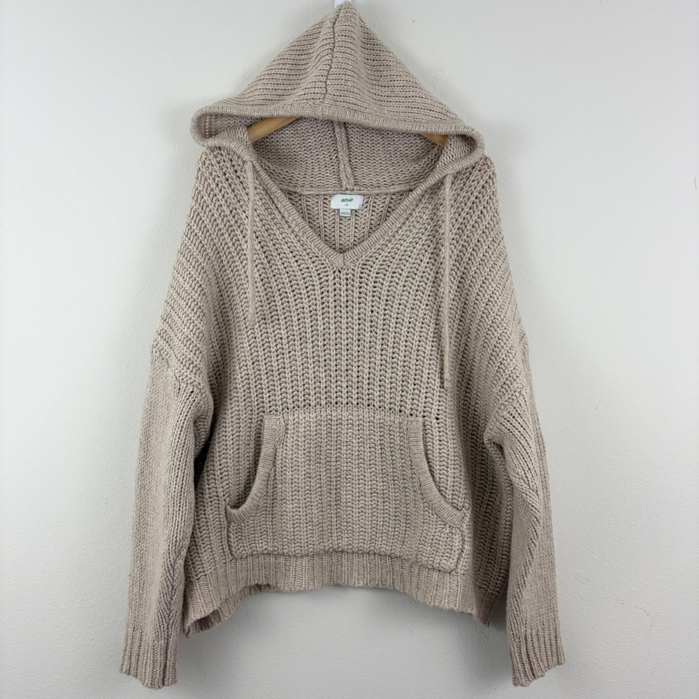 Aerie Womens Large Oatmeal Beige Wool Blend Shaker Knit Hooded Sweater Gorpcore